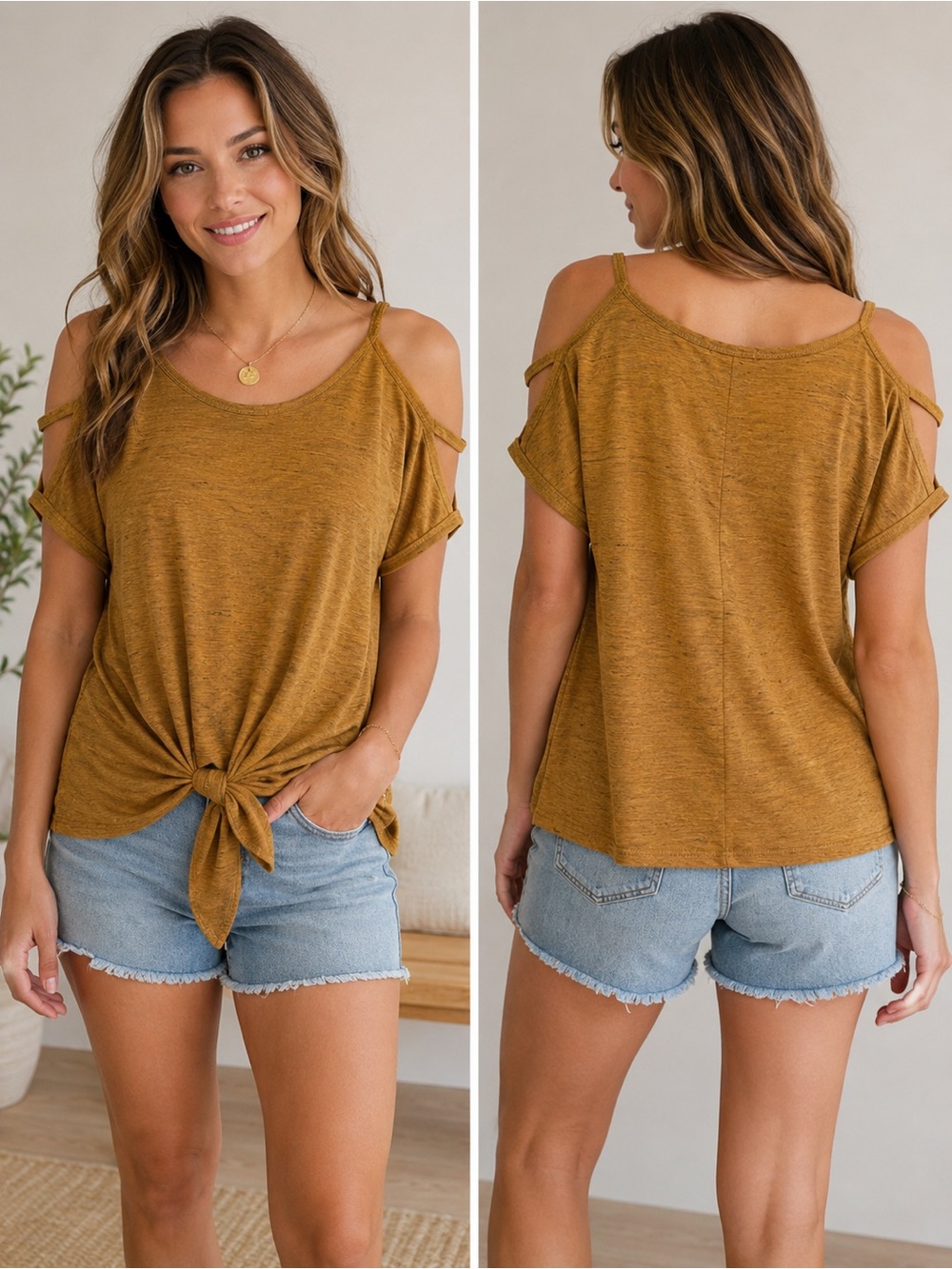 nine britton Mustard Cold-Shoulder Tie-Front Top Size Small